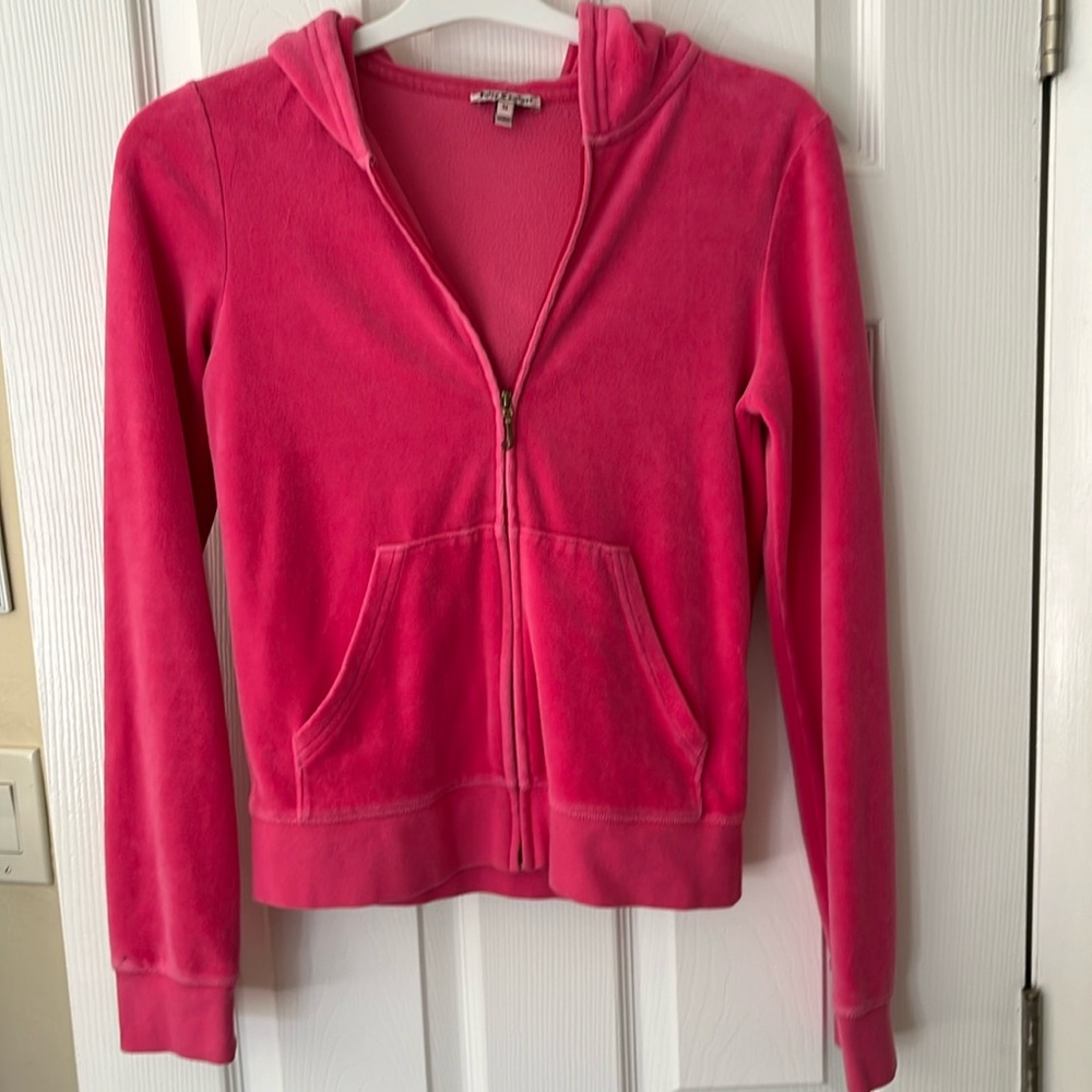 Juicy Couture Y2K VTG hot pink velour track  hoodie ChooseJuicy gold glitter Med - Picture 2 of 16